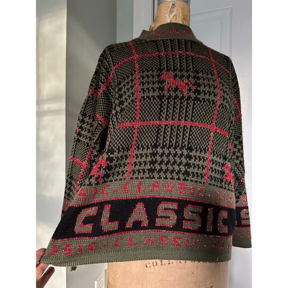 Vintage Knit Sweater green CLASSIC horse plaid Equestrian 80s - Picture 8 of 16